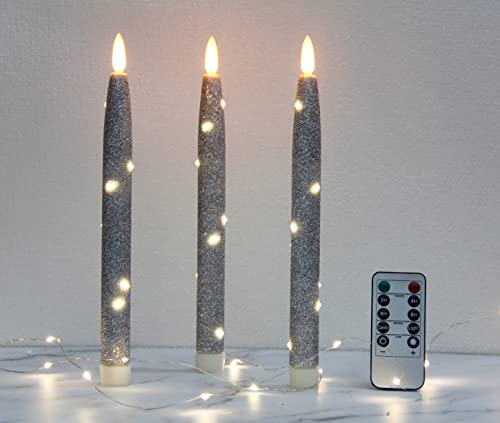 CFDECOR Flameless Glitter Taper Candles with Embedded String Lights, Battery Operated Candle with Timer & Remote, LED Tapered Dinner Candle. for Xmas, Dining, Wedding Décor,Set of 3 (Silver) H: 10"