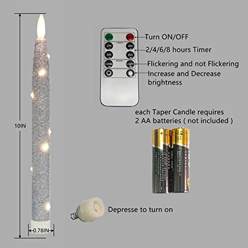 CFDECOR Flameless Glitter Taper Candles with Embedded String Lights, Battery Operated Candle with Timer & Remote, LED Tapered Dinner Candle. for Xmas, Dining, Wedding Décor,Set of 3 (Silver) H: 10"