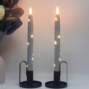 CFDECOR Flameless Glitter Taper Candles with Embedded String Lights, Battery Operated Candle with Timer & Remote, LED Tapered Dinner Candle. for Xmas, Dining, Wedding Décor,Set of 3 (Silver) H: 10"