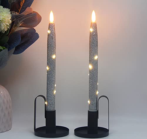 CFDECOR Flameless Glitter Taper Candles with Embedded String Lights, Battery Operated Candle with Timer & Remote, LED Tapered Dinner Candle. for Xmas, Dining, Wedding Décor,Set of 3 (Silver) H: 10"