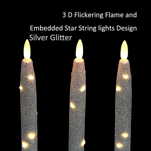 CFDECOR Flameless Glitter Taper Candles with Embedded String Lights, Battery Operated Candle with Timer & Remote, LED Tapered Dinner Candle. for Xmas, Dining, Wedding Décor,Set of 3 (Silver) H: 10"