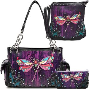colorful dragonfly western spring purse country handbag women shoulder bag crossbody wallet set purple