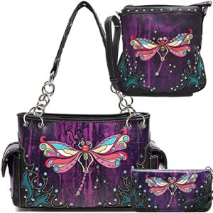 Colorful Dragonfly Western Spring Purse Country Handbag Women Shoulder Bag Crossbody Wallet Set Purple