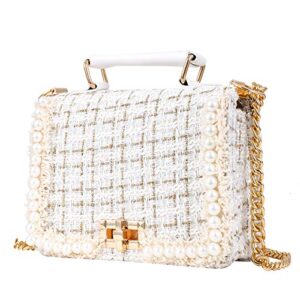 aytotoro women tweed pearl purses and handbags ladies fashion top handle chain quilted satchel shoulder crossbody tote bag (white-1)