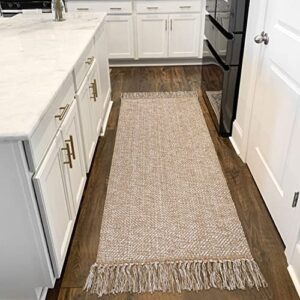 collive hallway runner rug, 2′ x 6′ hand-woven reversible washable entryway rug, tan cotton modern farmhouse laundry room rug long carpet for bathroom sink foyer bedroom