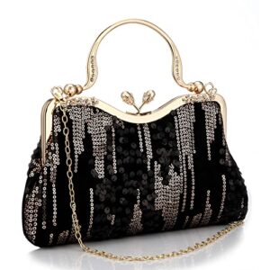 rkrouco evening bag satin beaded sequins clutch purse party wedding purse-black