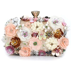 women’s floral evening clutch bag with flower metal rhinestones for women wedding prom party 3d sequins evening handbag (apricot)