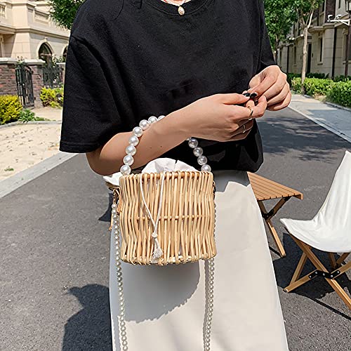 Fashion Straw Bags for Women Beach Rattan Woven Tote Handbags Ladies Summer Top-handle Bags Hobo Purse with Pearl Ornaments (E)