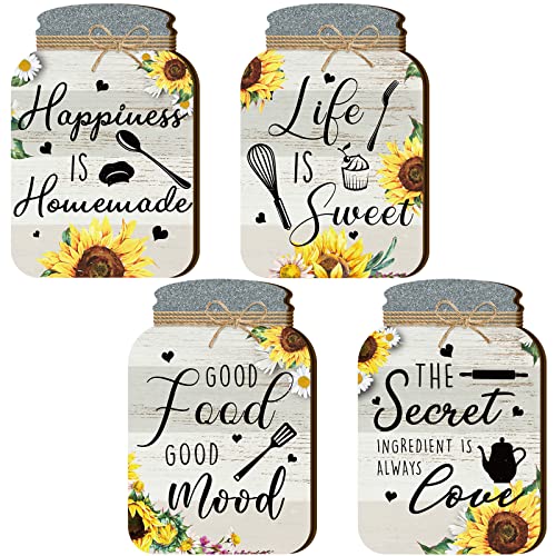 4 Pcs Kitchen Wall Decor Mason Jar Set Wooden Rustic Home Decor Country Kitchen Decor Kitchen Signs Rustic Farmhouse Decorations Kitchen Wall Art Mason Jar Wall Hanging Plaque, 6 x 4 Inch (Sunflower)