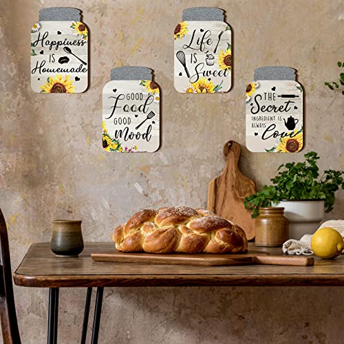 4 Pcs Kitchen Wall Decor Mason Jar Set Wooden Rustic Home Decor Country Kitchen Decor Kitchen Signs Rustic Farmhouse Decorations Kitchen Wall Art Mason Jar Wall Hanging Plaque, 6 x 4 Inch (Sunflower)