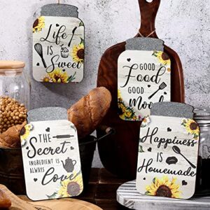 4 Pcs Kitchen Wall Decor Mason Jar Set Wooden Rustic Home Decor Country Kitchen Decor Kitchen Signs Rustic Farmhouse Decorations Kitchen Wall Art Mason Jar Wall Hanging Plaque, 6 x 4 Inch (Sunflower)