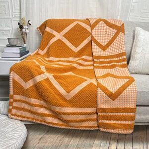 amélie home tufted woven throw blanket bohemian farmhouse reversible textured geometric rhombus waffle decorative throw blankets for couch sofa bedroom spring indoor outdoor(50” x 60”, burnt orange)