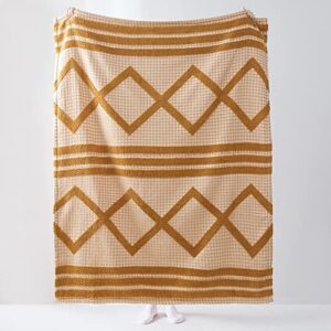 Amélie Home Tufted Woven Throw Blanket Bohemian Farmhouse Reversible Textured Geometric Rhombus Waffle Decorative Throw Blankets for Couch Sofa Bedroom Spring Indoor Outdoor(50'' x 60'', Burnt Orange)
