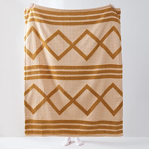 Amélie Home Tufted Woven Throw Blanket Bohemian Farmhouse Reversible Textured Geometric Rhombus Waffle Decorative Throw Blankets for Couch Sofa Bedroom Spring Indoor Outdoor(50'' x 60'', Burnt Orange)