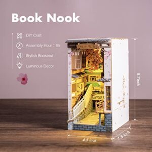 ROBOTIME DIY Book Nook Kit Decorative Bookend Insert Bookcase Book Stand Miniature House Kit with LED Light Creative Gift for Birthdays (Sakura Tram)