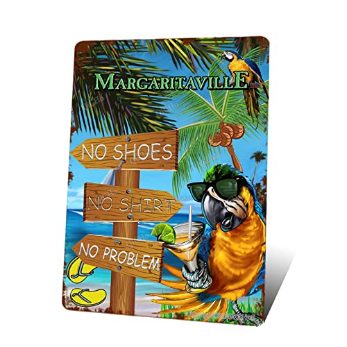 QiCHo Tiki Bar Sign, Margaritaville Wall Art, Retro Outdoor Wall Sign for Home Bar, No Shoes No Problem Design, 12x8 Inches Metal Sign, Tropical Colors