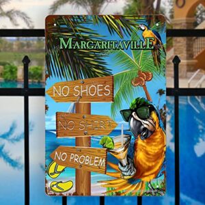 QiCHo Tiki Bar Sign, Margaritaville Wall Art, Retro Outdoor Wall Sign for Home Bar, No Shoes No Problem Design, 12x8 Inches Metal Sign, Tropical Colors