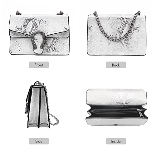 Crossbody Shoulder Square Purse For Women - Fashion Embossed Snake, Small Quilted Crossbody Bags for Women Snake Printed purses for women Large capacity shoulder bag designer handbags, White