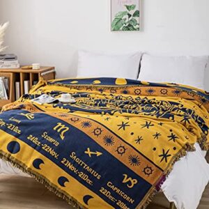 CUEERBOT Boho Throw Blanket,Hippie Room Decor Reversible Bohemian Cotton Blanket for Sofa Tapestry Carpet Bed Chair,Witchy Astrology Zodiac Celestial Constellation (Yellow, Small 51x71inch)