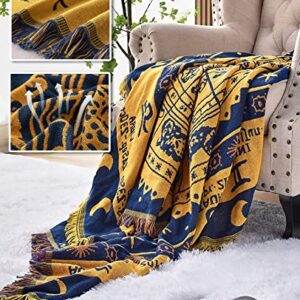 CUEERBOT Boho Throw Blanket,Hippie Room Decor Reversible Bohemian Cotton Blanket for Sofa Tapestry Carpet Bed Chair,Witchy Astrology Zodiac Celestial Constellation (Yellow, Small 51x71inch)