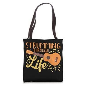 strumming through life guitar uke music teacher ukulele tote bag