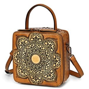 oludel women genuine leather handbags, organizer leather lady satchel vintage embossing totem crossbody shoulder bag (brown)