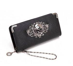 ecohaso skull wallets for women, zip around goth wallet large capacity long purse credit card clutch wristlet for women (a-black)