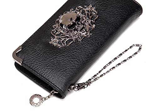 Ecohaso Skull Wallets for Women, Zip Around Goth Wallet Large Capacity Long Purse Credit Card Clutch Wristlet for Women (A-Black)