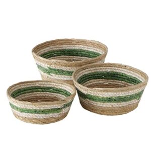 coastal green stripes 3 piece basket set, shelf organizers, corn husk wicker, chunky rope weave, stitched, diameter 9.75 inches