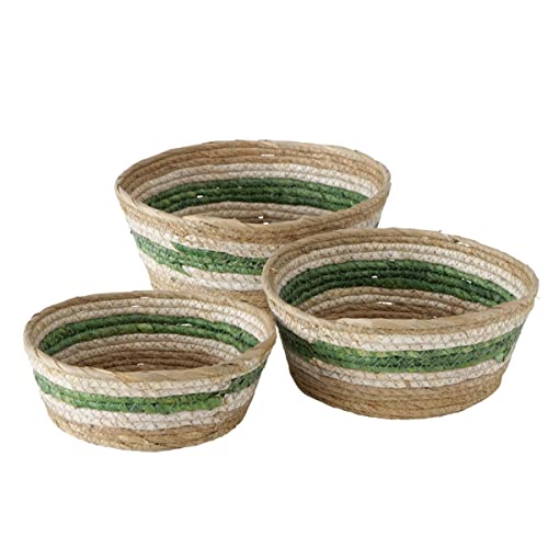 Coastal Green Stripes 3 Piece Basket Set, Shelf Organizers, Corn Husk Wicker, Chunky Rope Weave, Stitched, Diameter 9.75 Inches