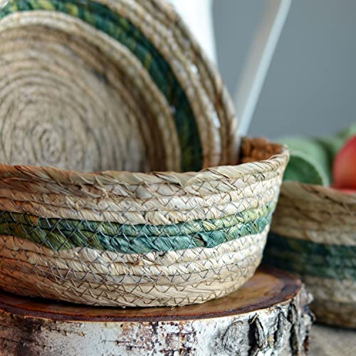 Coastal Green Stripes 3 Piece Basket Set, Shelf Organizers, Corn Husk Wicker, Chunky Rope Weave, Stitched, Diameter 9.75 Inches