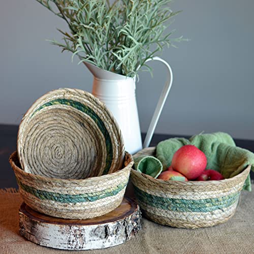 Coastal Green Stripes 3 Piece Basket Set, Shelf Organizers, Corn Husk Wicker, Chunky Rope Weave, Stitched, Diameter 9.75 Inches