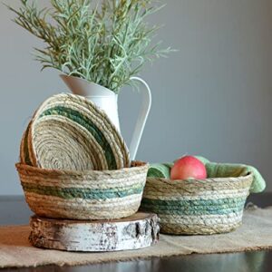 Coastal Green Stripes 3 Piece Basket Set, Shelf Organizers, Corn Husk Wicker, Chunky Rope Weave, Stitched, Diameter 9.75 Inches