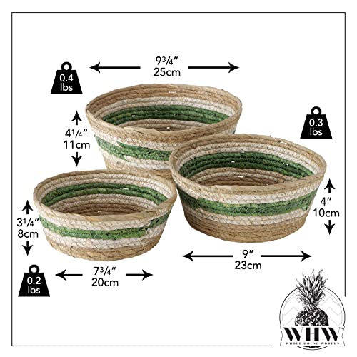 Coastal Green Stripes 3 Piece Basket Set, Shelf Organizers, Corn Husk Wicker, Chunky Rope Weave, Stitched, Diameter 9.75 Inches