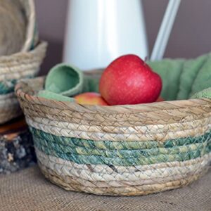 Coastal Green Stripes 3 Piece Basket Set, Shelf Organizers, Corn Husk Wicker, Chunky Rope Weave, Stitched, Diameter 9.75 Inches