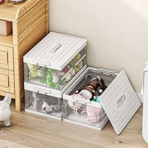 Wisdom Star 2 Pack Collapsible Storage Bins with Lids, Clear Plastic Foldable Storage Box, Stackable Storage Containers for Organizing, White