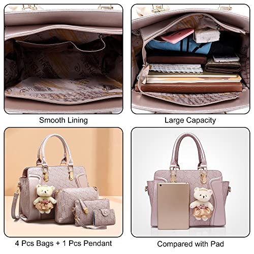 4Pcs Handbag Set for Women, PU Leather Tote Shoulder Bags Top Handle Satchel Bag Purse Clutch Card Holder with Bear Pendant (Pink)