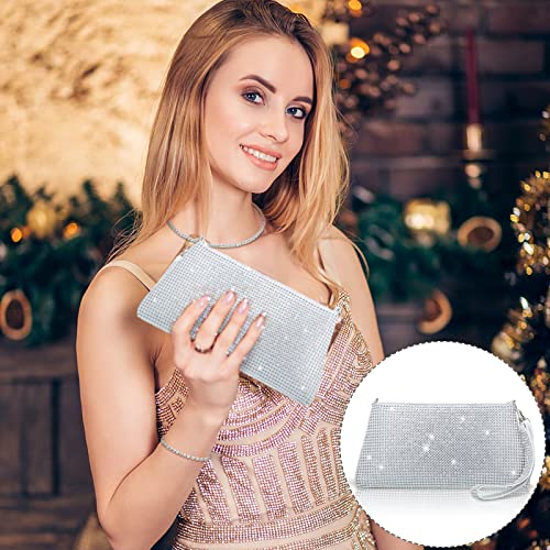 4 Pieces Silver Clutch Purses and Rhinestone Jewelry Set for Women Evening Diamond Sparkly Purses Necklace Bracelet Earrings for Wedding Bridal Party (Rhinestone Style)