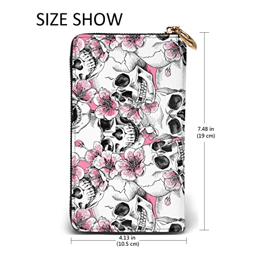 Thinye Wallet Women Pink Sakura and Skull Wallets Women Microfiber Leather Purse Zip Around Wallet for Women Card Holders Clutch