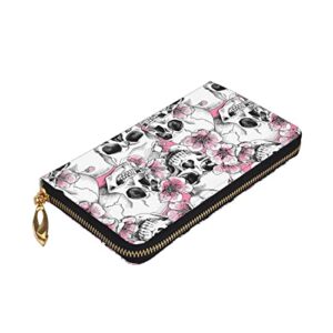 Thinye Wallet Women Pink Sakura and Skull Wallets Women Microfiber Leather Purse Zip Around Wallet for Women Card Holders Clutch