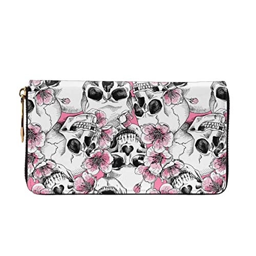 Thinye Wallet Women Pink Sakura and Skull Wallets Women Microfiber Leather Purse Zip Around Wallet for Women Card Holders Clutch