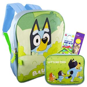 color shop bluey backpack & lunch bag for kids – 6 pc bluey school supplies bundle with 16” bluey school backpack, lunch box, stickers, backpack clip, & more (bluey travel bag)