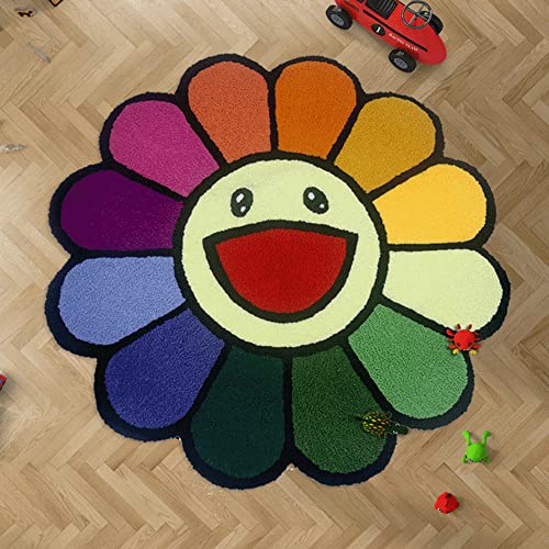 Lotus Atelier 30 in. Cartoon Sunflower Rug for Room | Smiley Face Maximalist Rugs for Bedroom | Hypebeast Rug | Preppy Decor