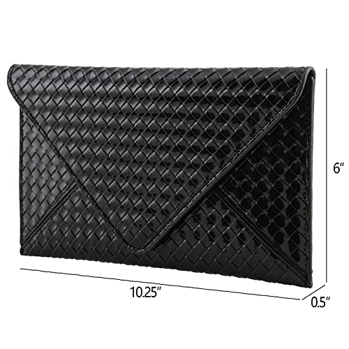 JNB Weaved Faux Patent Leather Glossy Envelope Clutch,Black2