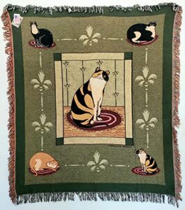 cat gallery giftable fringed woven tapestry afghan/throw blanket or wall hanging (51″ x 68″) 100% cotton featuring fat cat/black&white cat/orange&black tiger cat/ginger & white cat -made in the usa