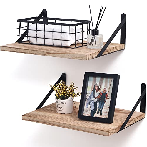 Floating Shelves, Wall Mounted Shelves Set of 2, Rustic Farmhouse Shelves with Large Storage, 12 Inch Deep Shelves Wide Display Ledges for Living Room Kitchen Bathroom Bedroom Carbonized Black