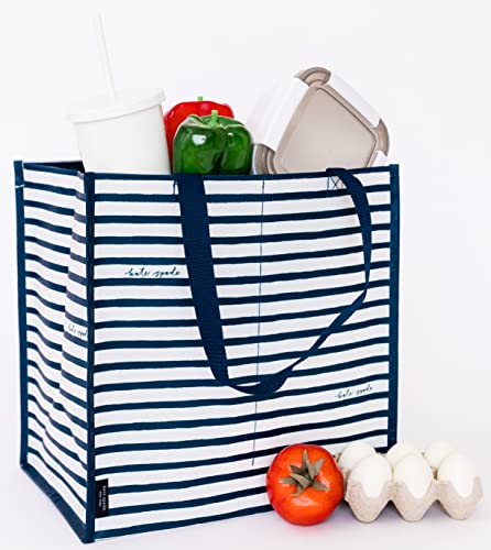 Kate Spade New York Reusable Shopping Bag, Grocery Tote with Shoulder Straps, Large Collapsible Tote, Navy Painted Stripe