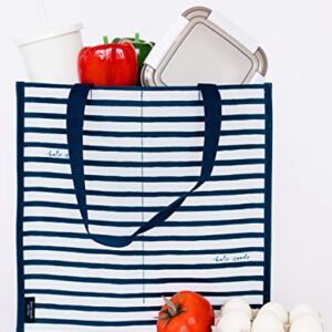 Kate Spade New York Reusable Shopping Bag, Grocery Tote with Shoulder Straps, Large Collapsible Tote, Navy Painted Stripe