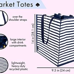 Kate Spade New York Reusable Shopping Bag, Grocery Tote with Shoulder Straps, Large Collapsible Tote, Navy Painted Stripe