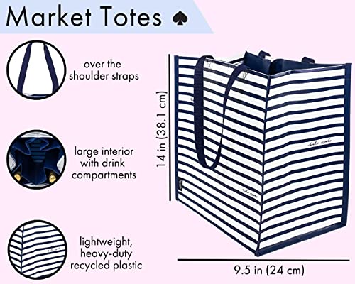 Kate Spade New York Reusable Shopping Bag, Grocery Tote with Shoulder Straps, Large Collapsible Tote, Navy Painted Stripe